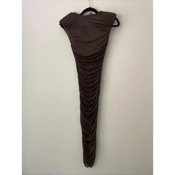 Bronx & Banco Maya Ruched Bateau Neckline Long Dress XS Brown Glitter Sheer NWT - Picture 6 of 8